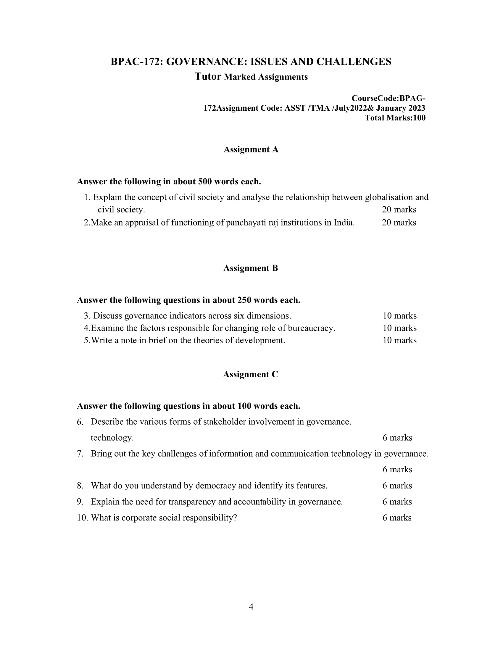 IGNOU BPAG-172 Solved Assignment 2022-2023 GOVERNANCE: ISSUES AND CHALLENGES