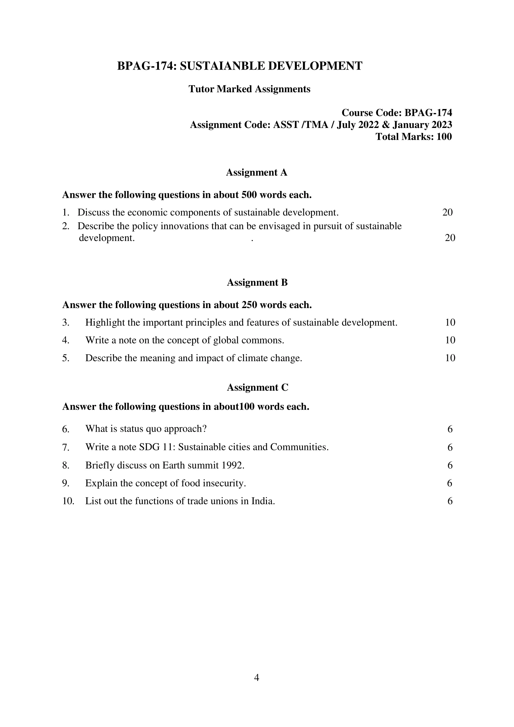 IGNOU BPAG-174 Solved Assignment 2022-2023 SUSTAIANBLE DEVELOPMENT