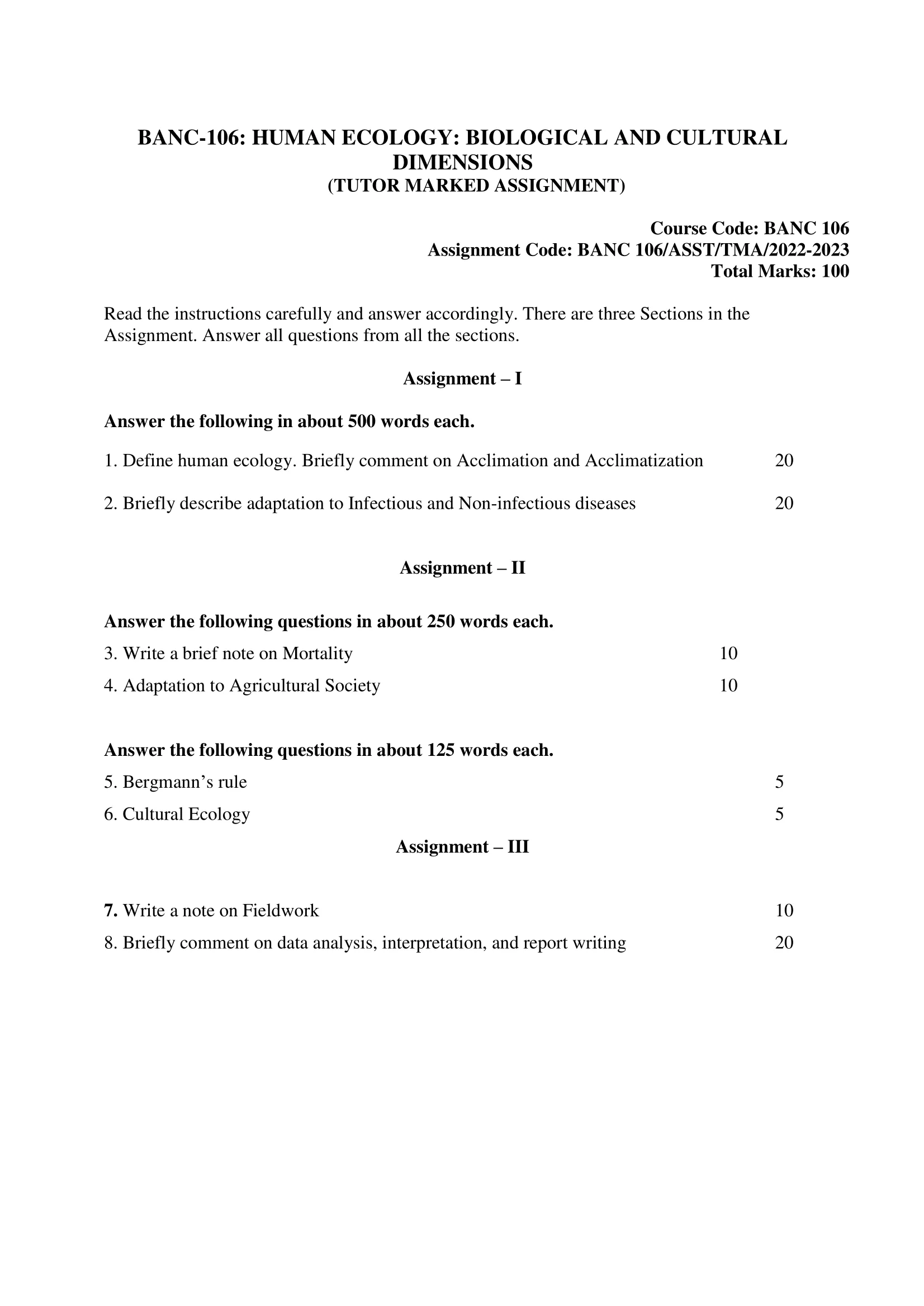 BANC-106 IGNOU Solved Assignment 2022-2023 HUMAN ECOLOGY-BIOLOGICAL AND CULTURAL DIMENSIONS