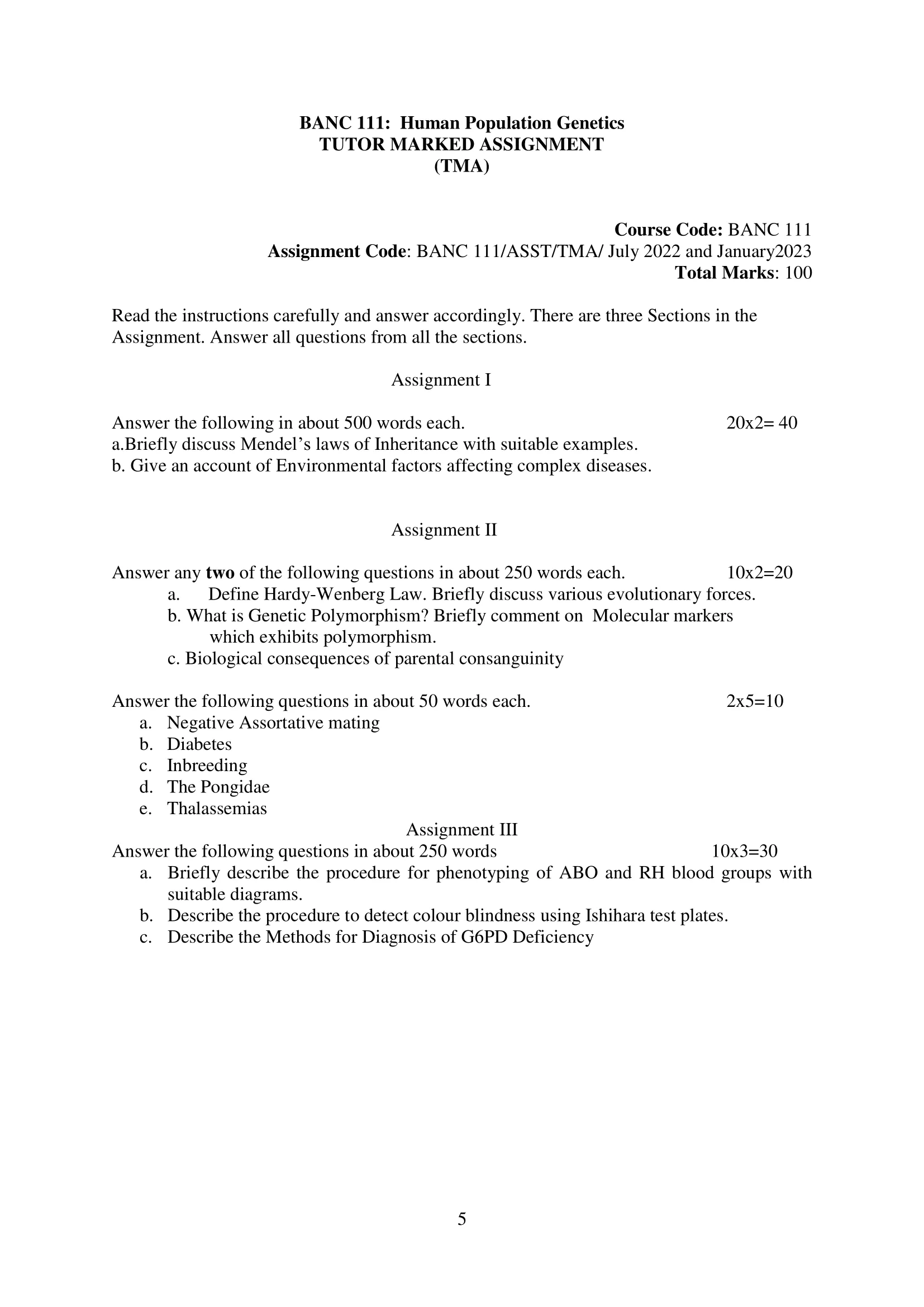 BANC-111 IGNOU Solved Assignment 2022-2023 Human Population Genetics