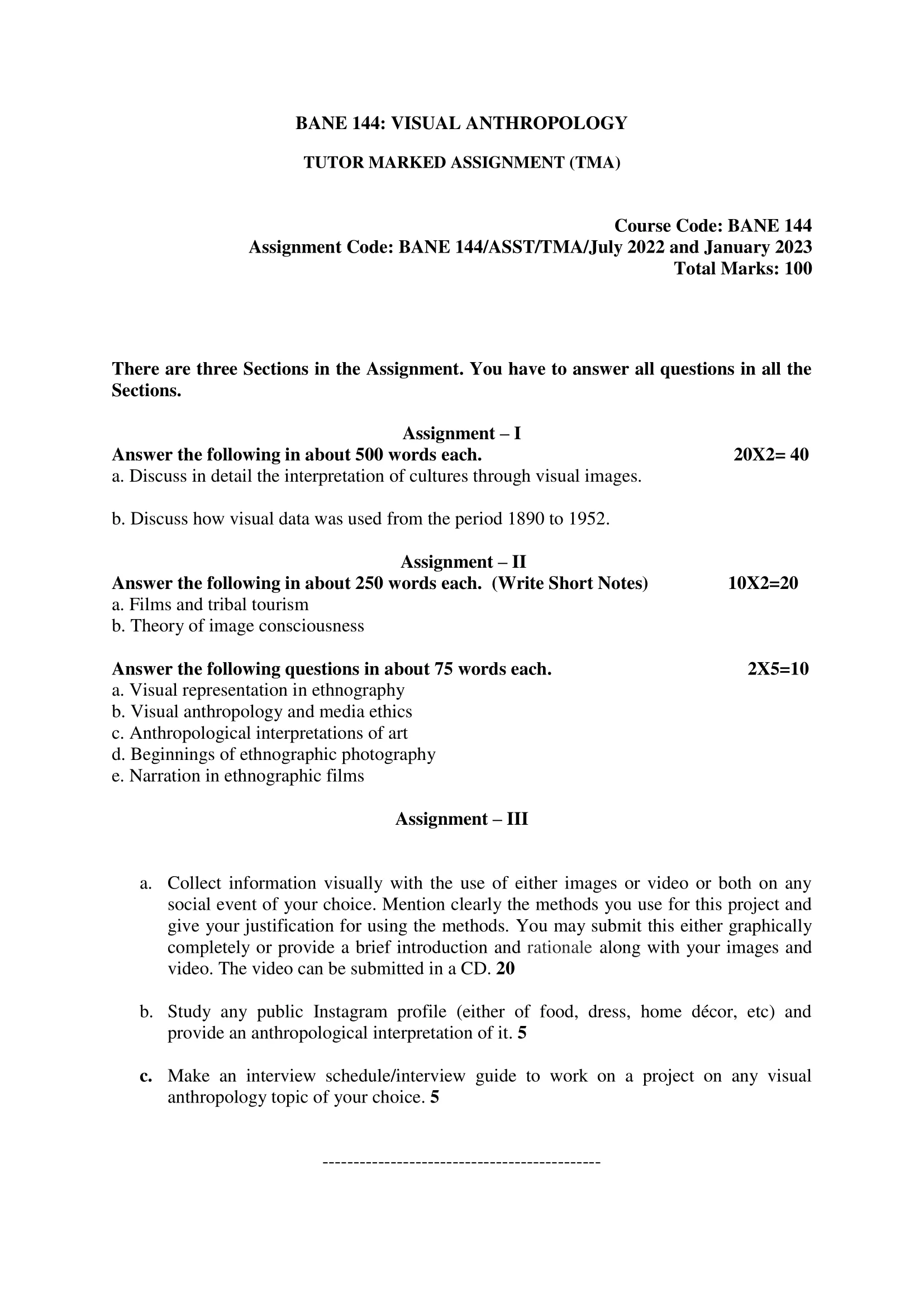 BANE-144 IGNOU Solved Assignment 2022-2023 VISUAL ANTHROPOLOGY