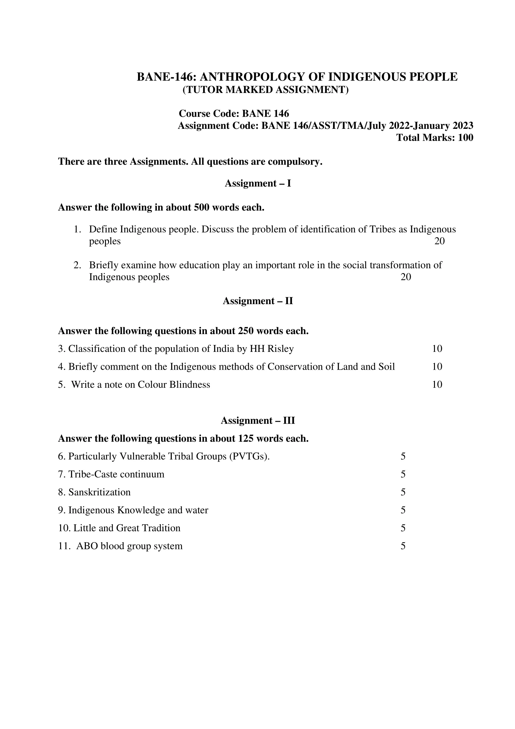 BANE-146 IGNOU Solved Assignment 2022-2023 ANTHROPOLOGY OF INDIGENOUS PEOPLE