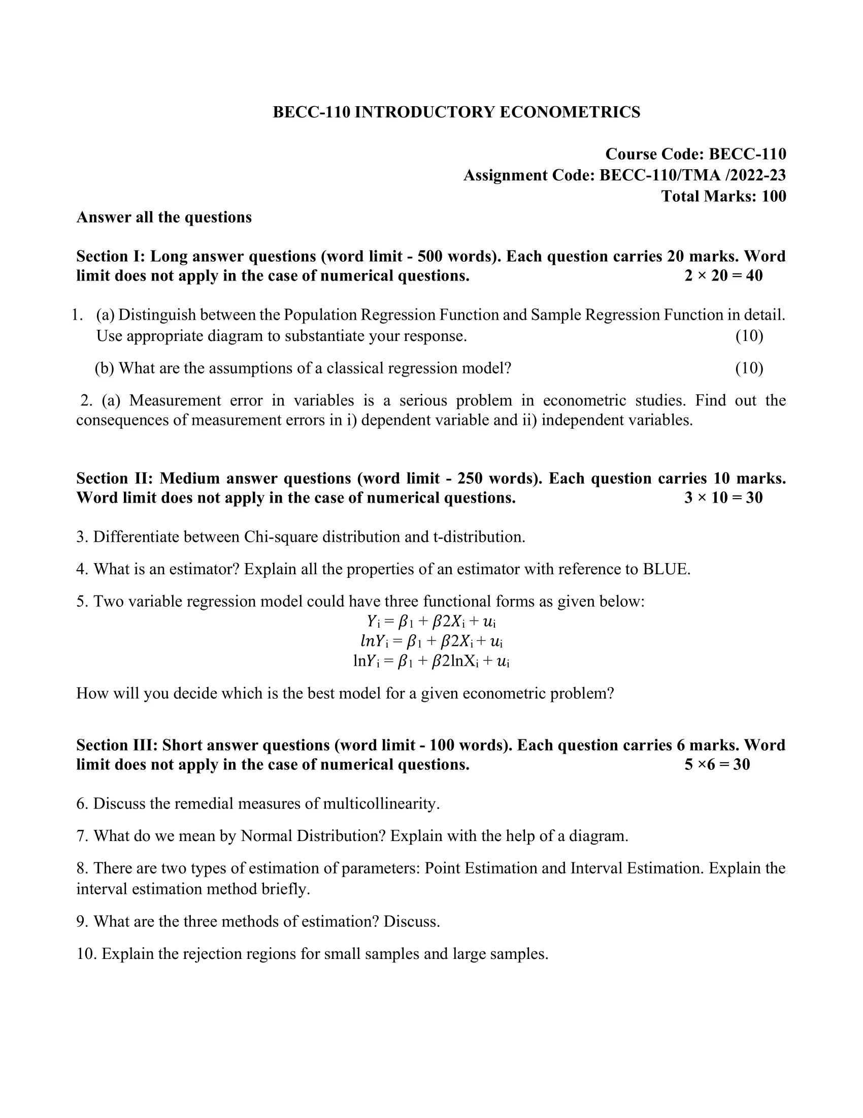 BECC-110 IGNOU Solved Assignment 2022-2023 INTRODUCTORY ECONOMETRICS