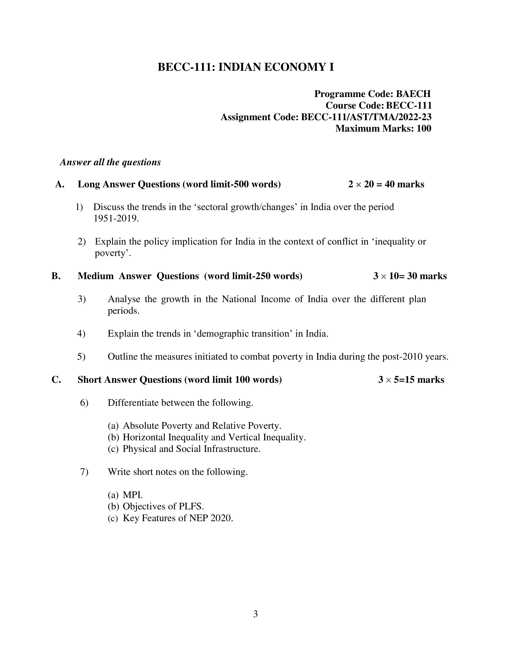 BECC-111 IGNOU BAG Solved Assignment INDIAN ECONOMY-I