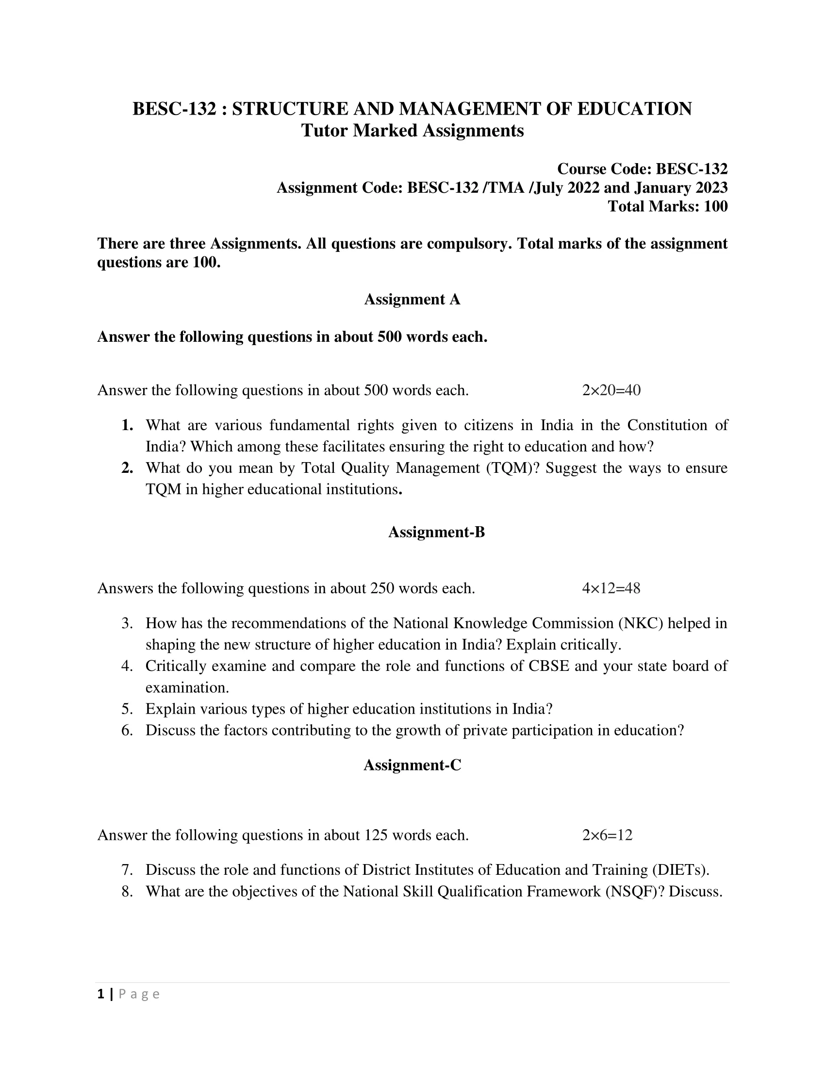 BESC-132 IGNOU BAG Solved Assignment-STRUCTURE AND MANAGEMENT OF EDUCATION