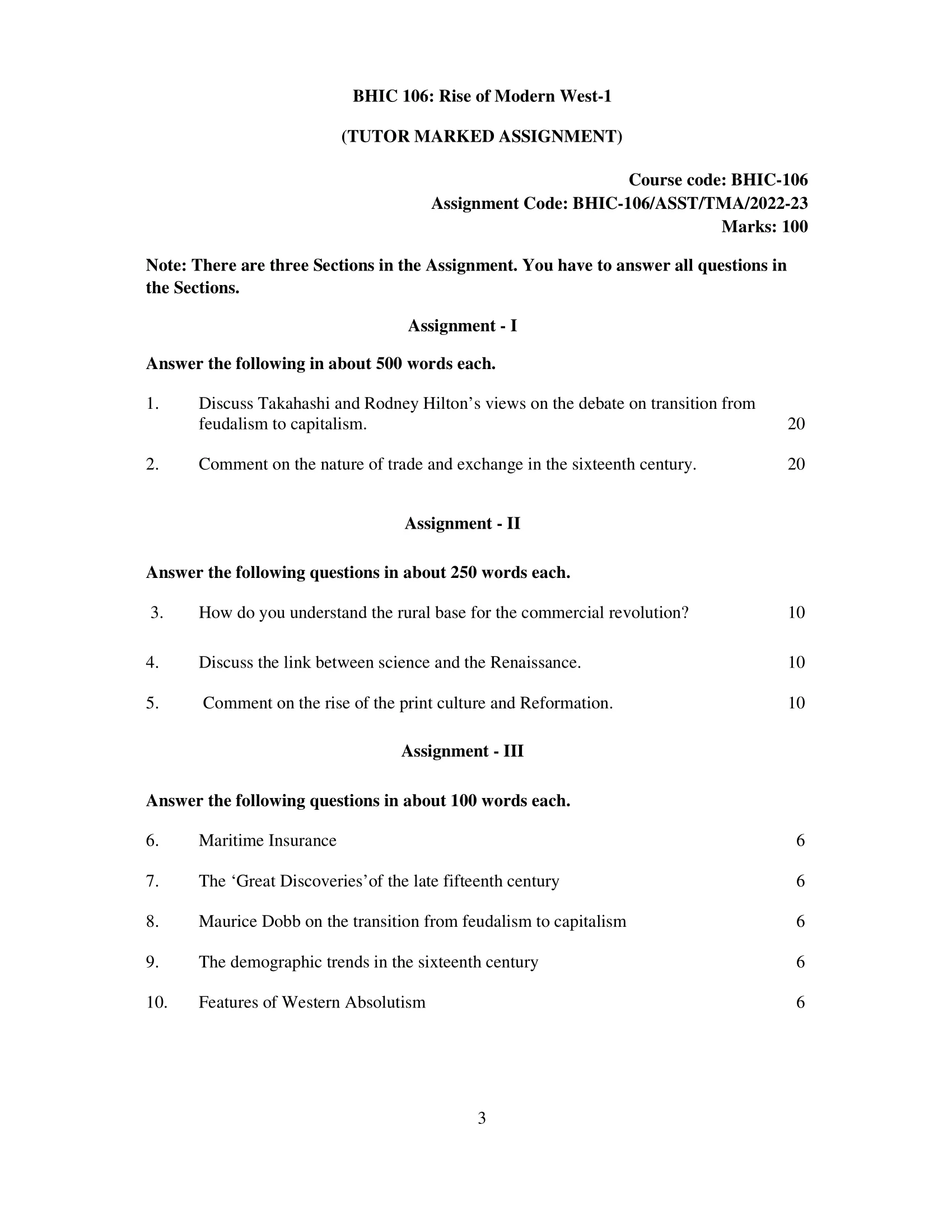 BHIC 106 IGNOU Solved Assignment 2022-2023 Rise of Modern West-1