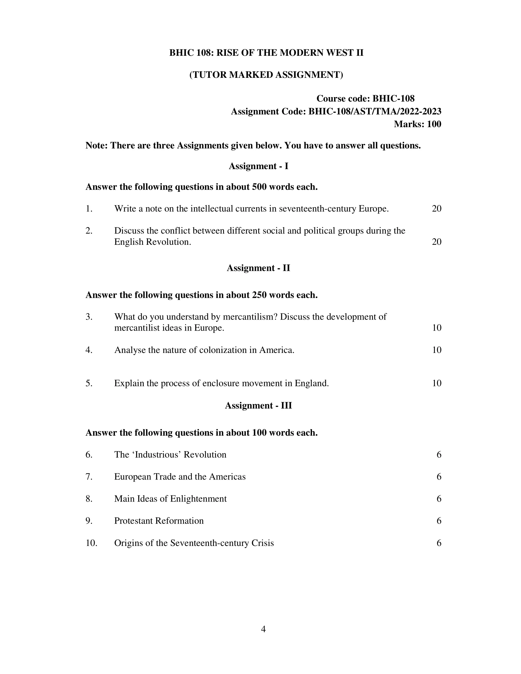 BHIC 108 IGNOU Solved Assignment 2022-2023 RISE OF THE MODERN WEST II 