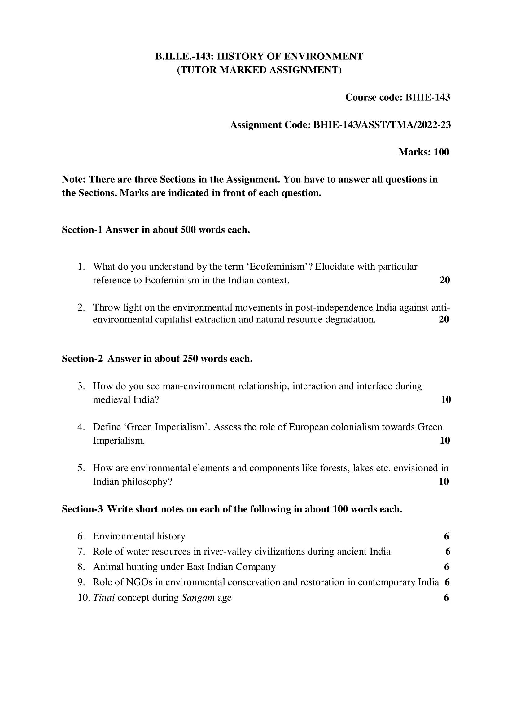 BHIE-143 IGNOU Solved Assignment 2022-2023 HISTORY OF ENVIRONMENT