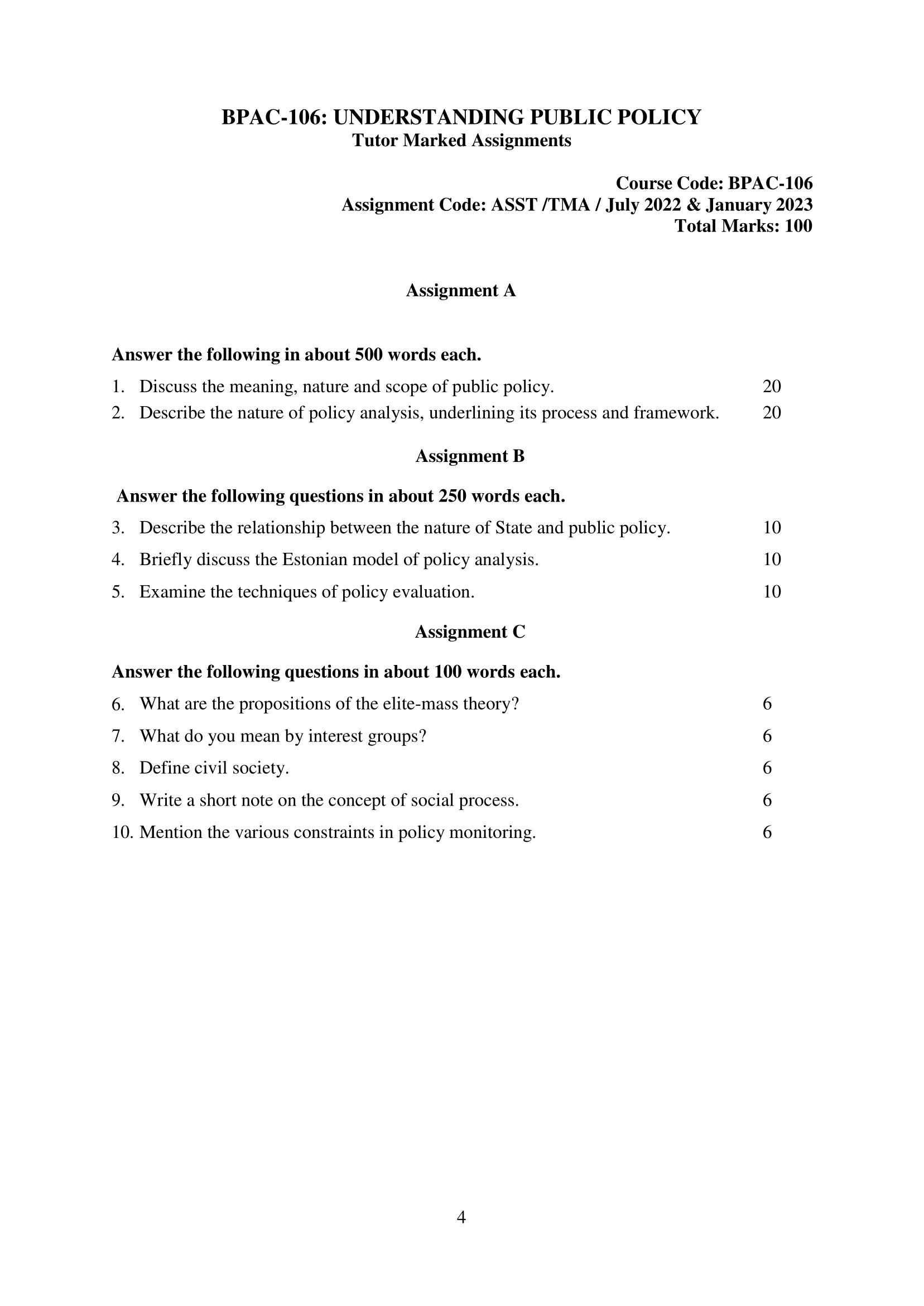 BPAC-106 IGNOU BAG Solved Assignment-UNDERSTANDING PUBLIC POLICY