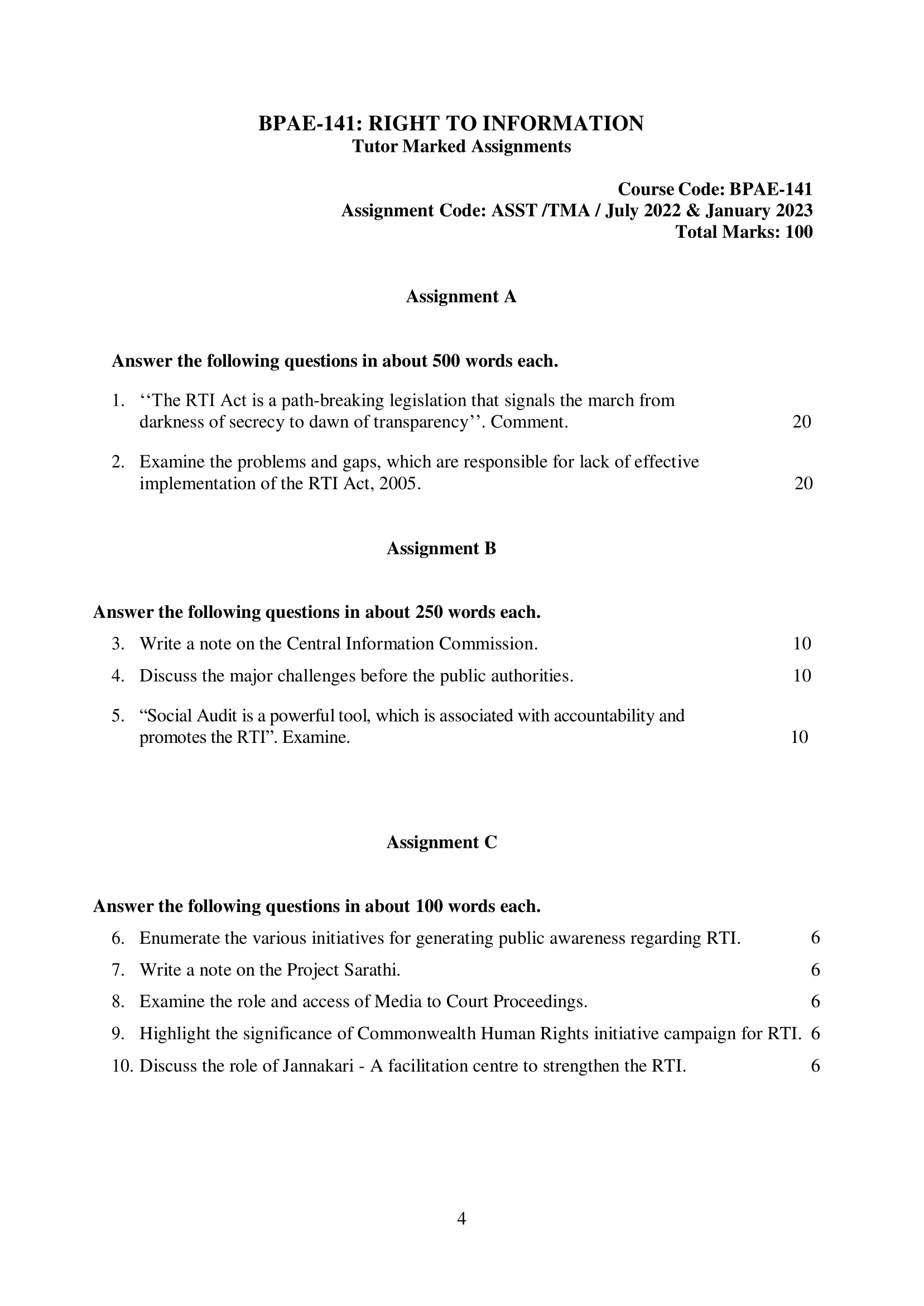 BPAE-141 IGNOU BAG Solved Assignment-RIGHT TO INFORMATION