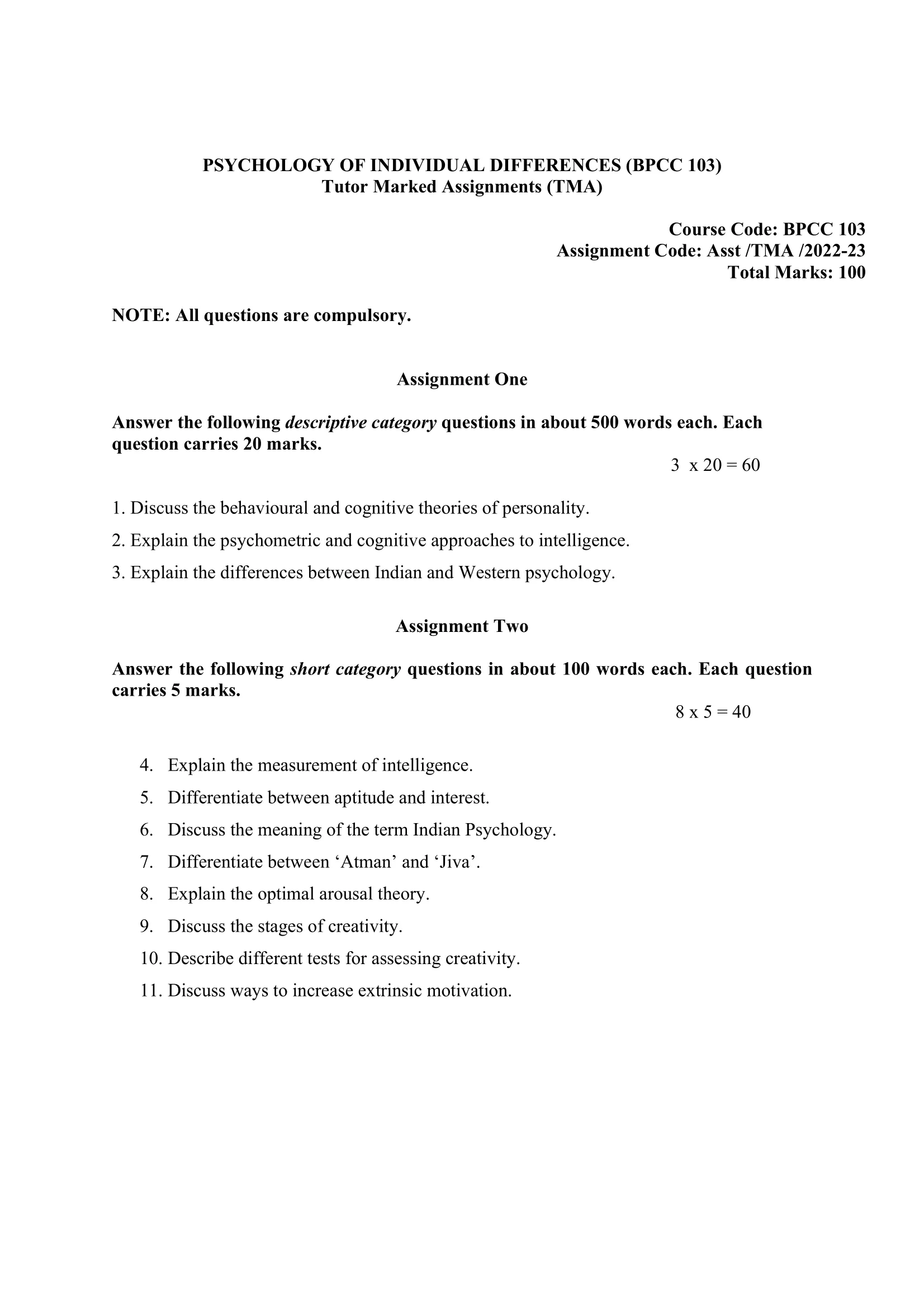 BPCC-103 IGNOU BAG Solved Assignment-PSYCHOLOGY OF INDIVIDUAL DIFFERENCES