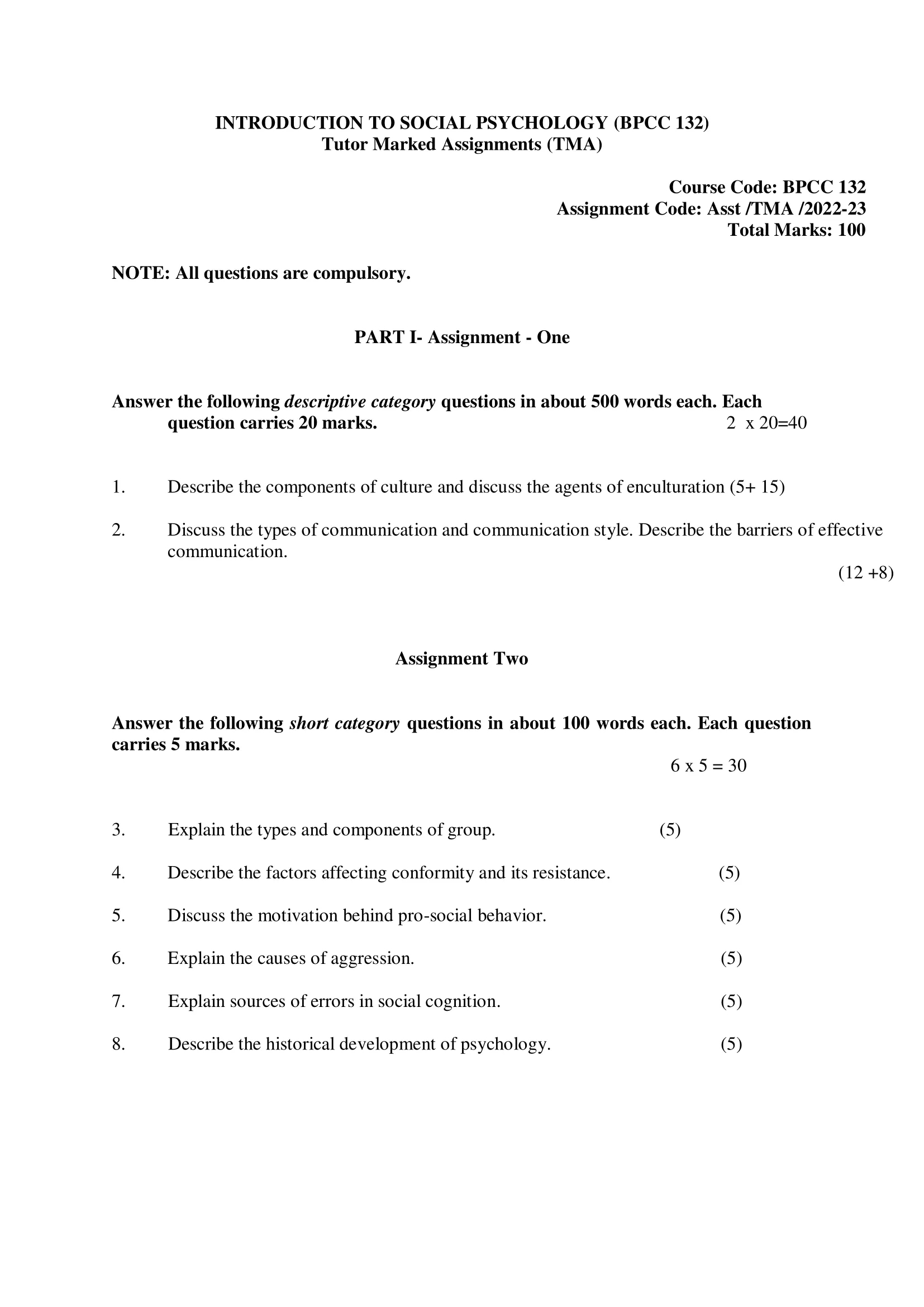 BPCC-132 IGNOU BAG Solved Assignment-INTRODUCTION TO SOCIAL PSYCHOLOGY