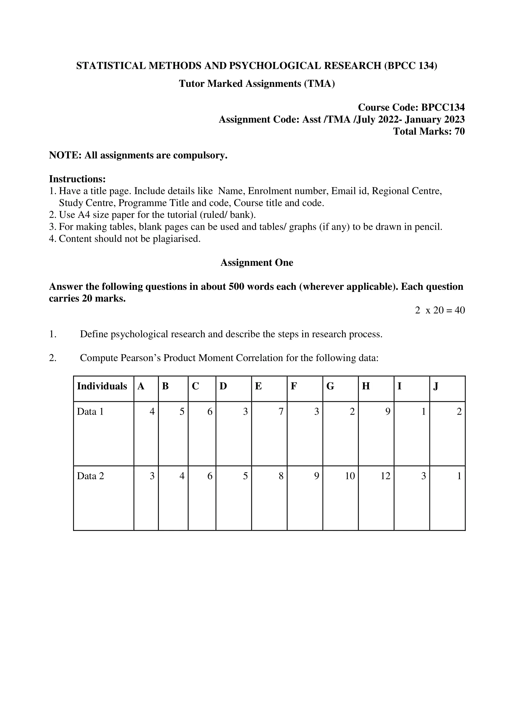 BPCC-134 IGNOU BAG Solved Assignment-STATISTICAL METHODS AND PSYCHOLOGICAL RESEARCH