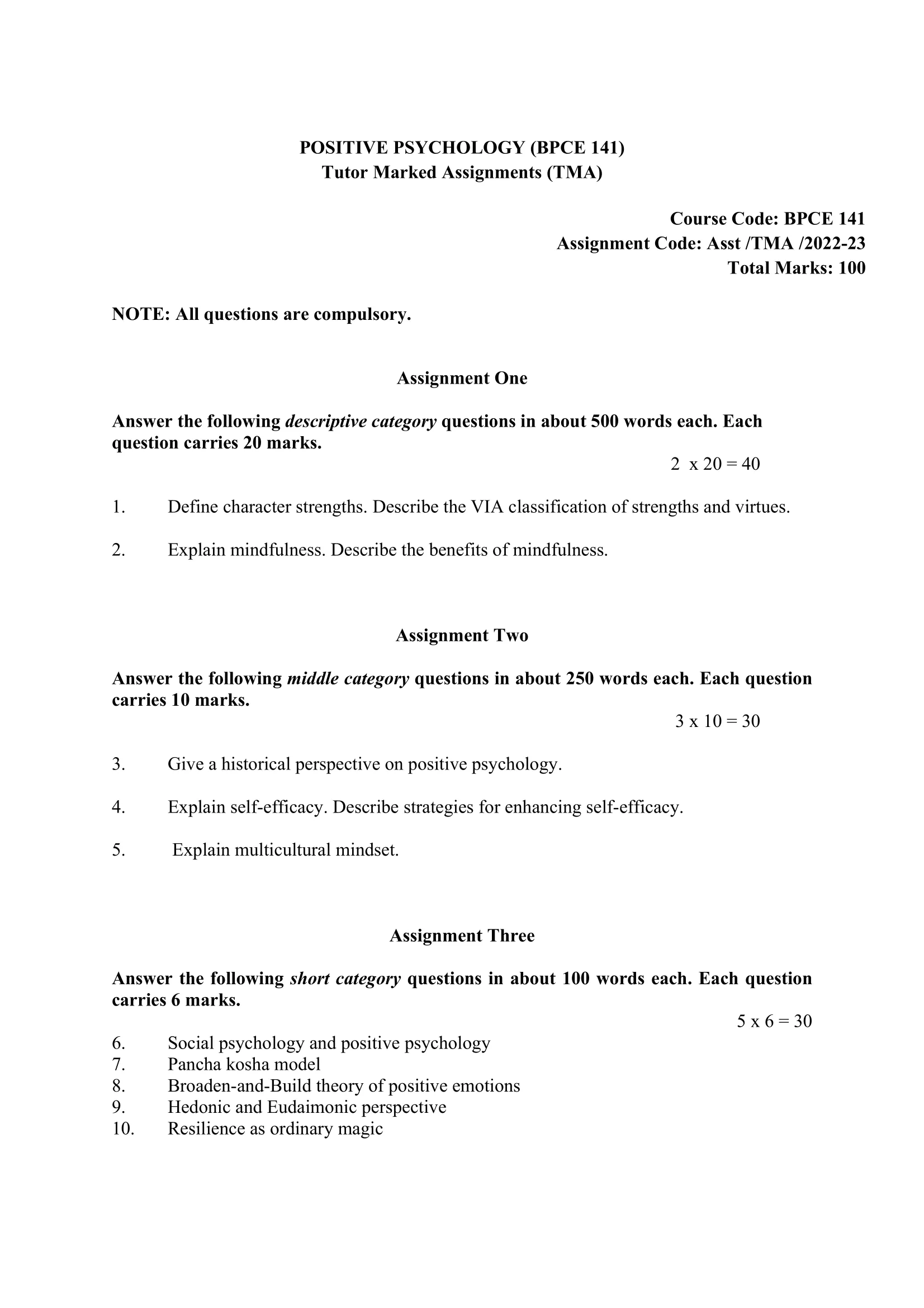 BPCE-141 IGNOU BAG Solved Assignment-POSITIVE PSYCHOLOGY