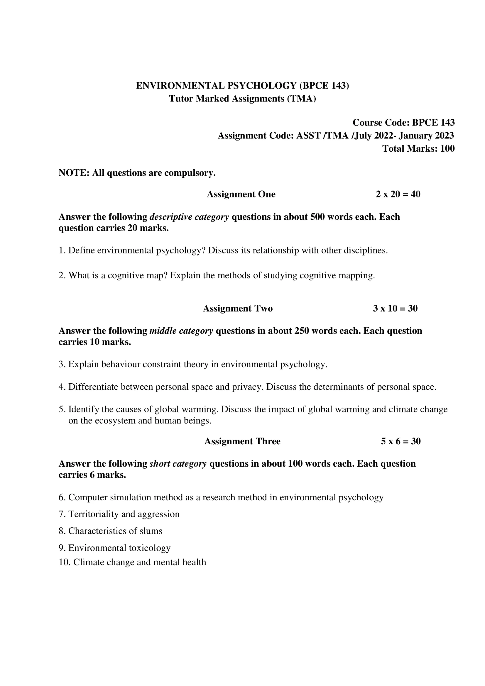 BPCE-143 IGNOU BAG Solved Assignment-ENVIRONMENTAL PSYCHOLOGY