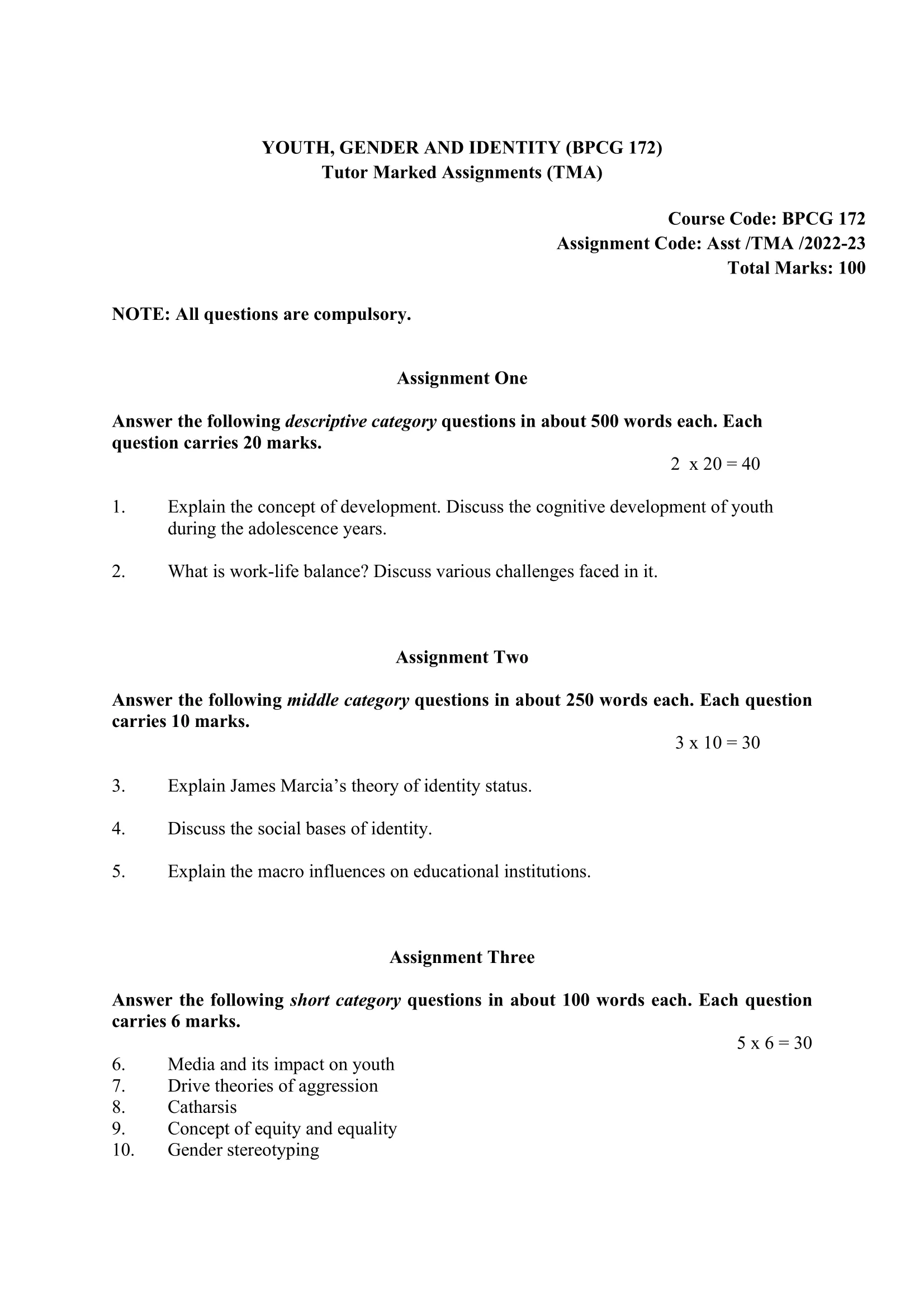 BPCG 172-Solved Assignment 2022-2023 YOUTH, GENDER AND IDENTITY