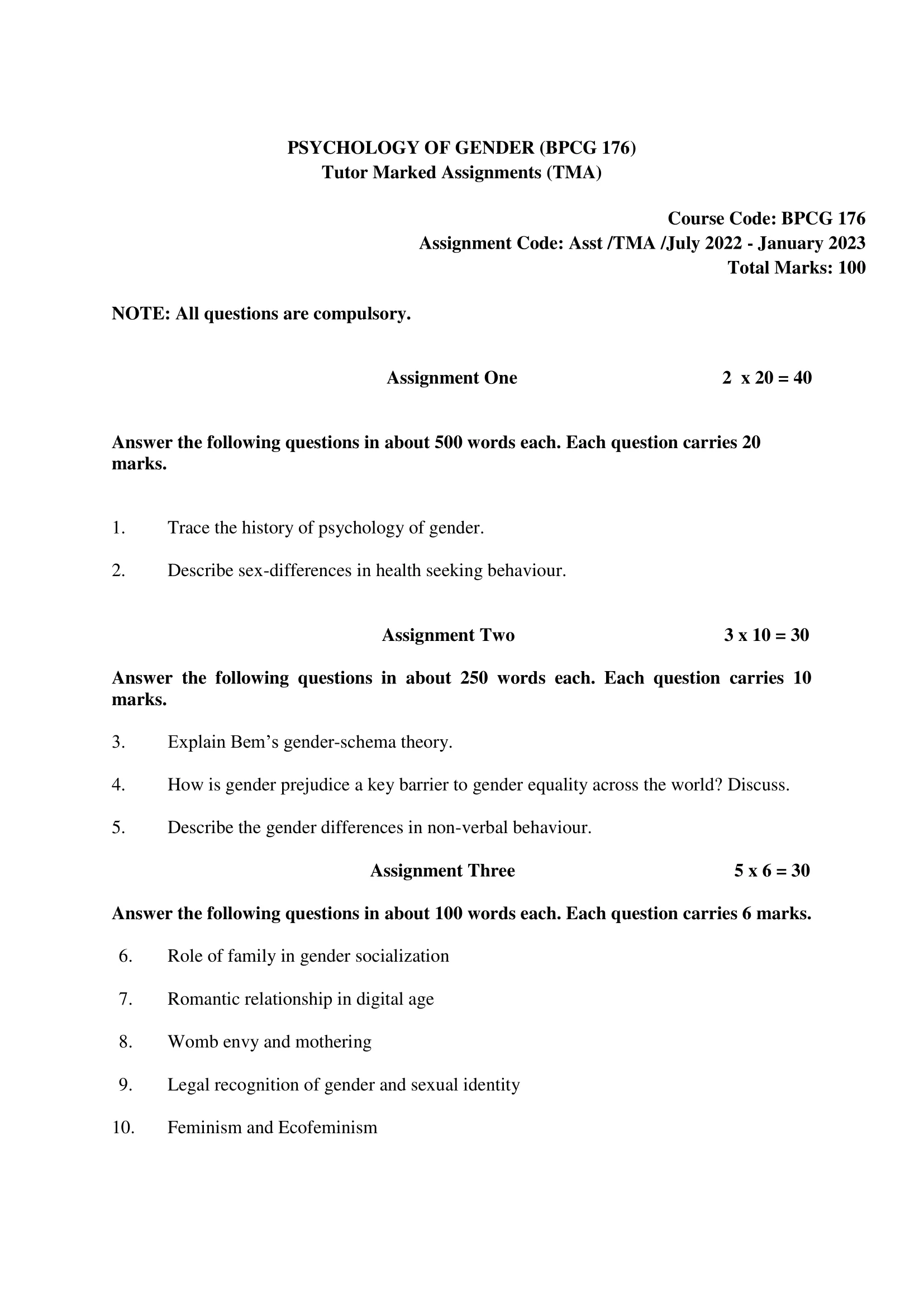 BPCG 176-Solved Assignment 2022-2023 PSYCHOLOGY OF GENDER