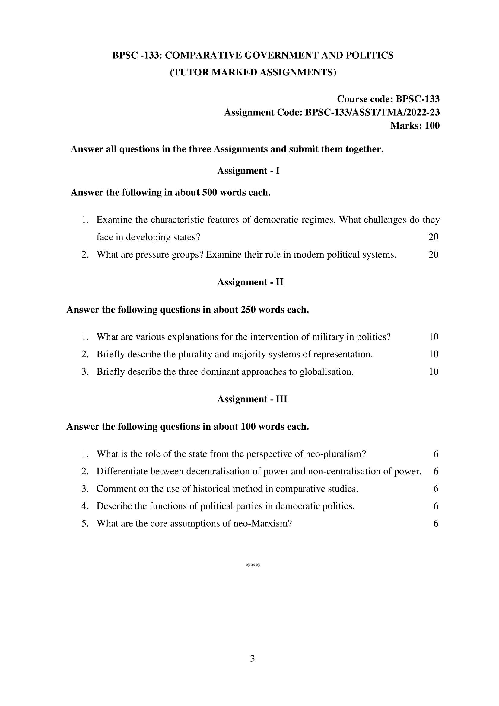 BPSC -133 IGNOU Solved Assignment 2022-2023 COMPARATIVE GOVERNMENT AND POLITICS