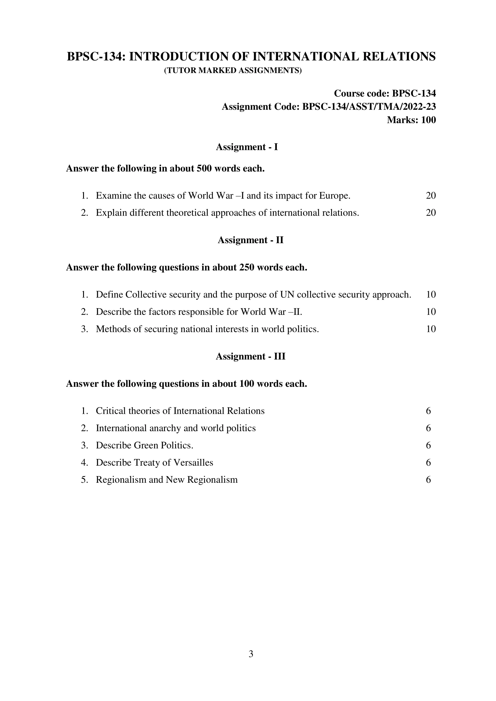 BPSC-134 IGNOU Solved Assignment 2022-2023 INTRODUCTION OF INTERNATIONAL RELATIONS