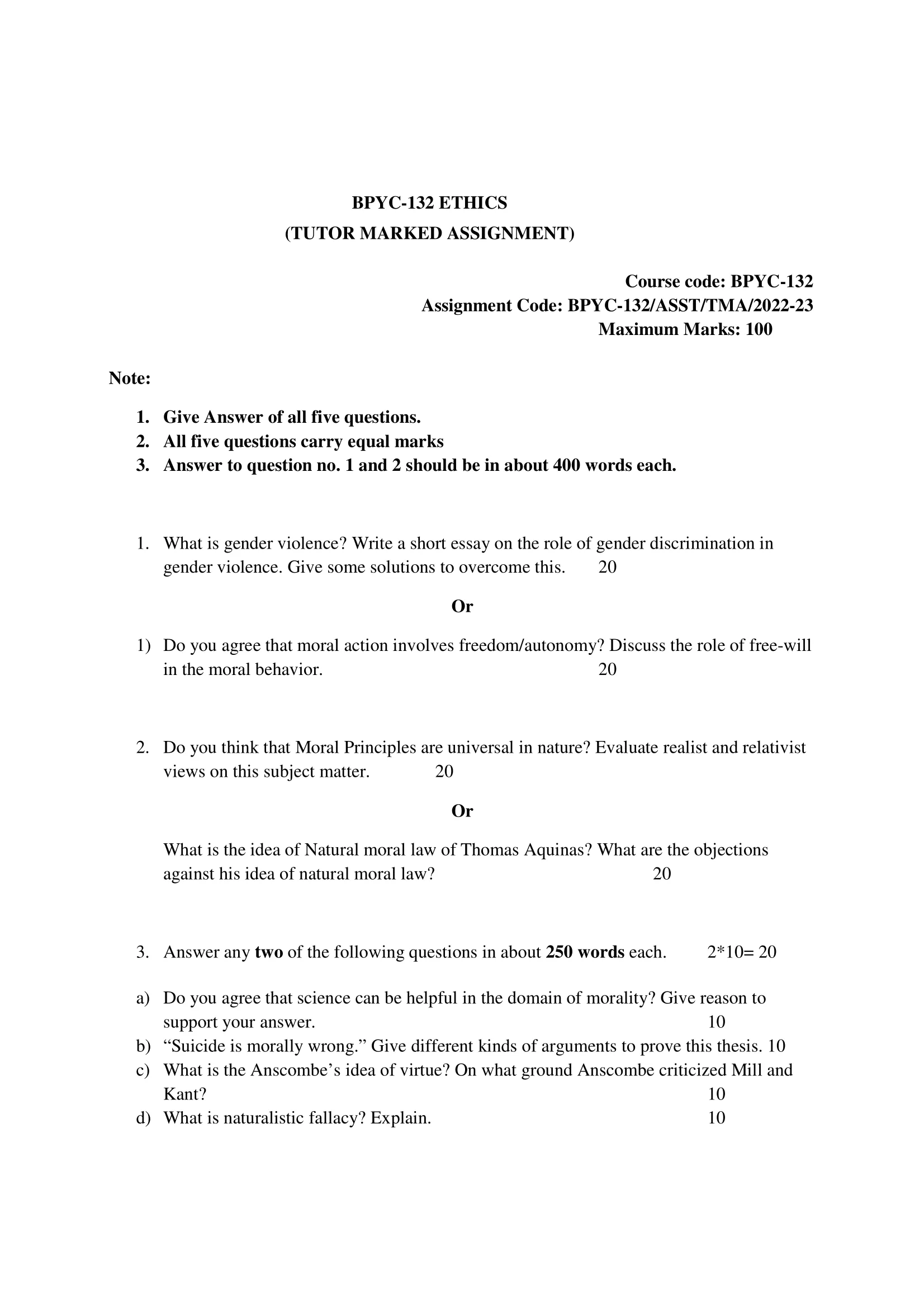 BPYC-132 IGNOU BAG Solved Assignment-ETHICS