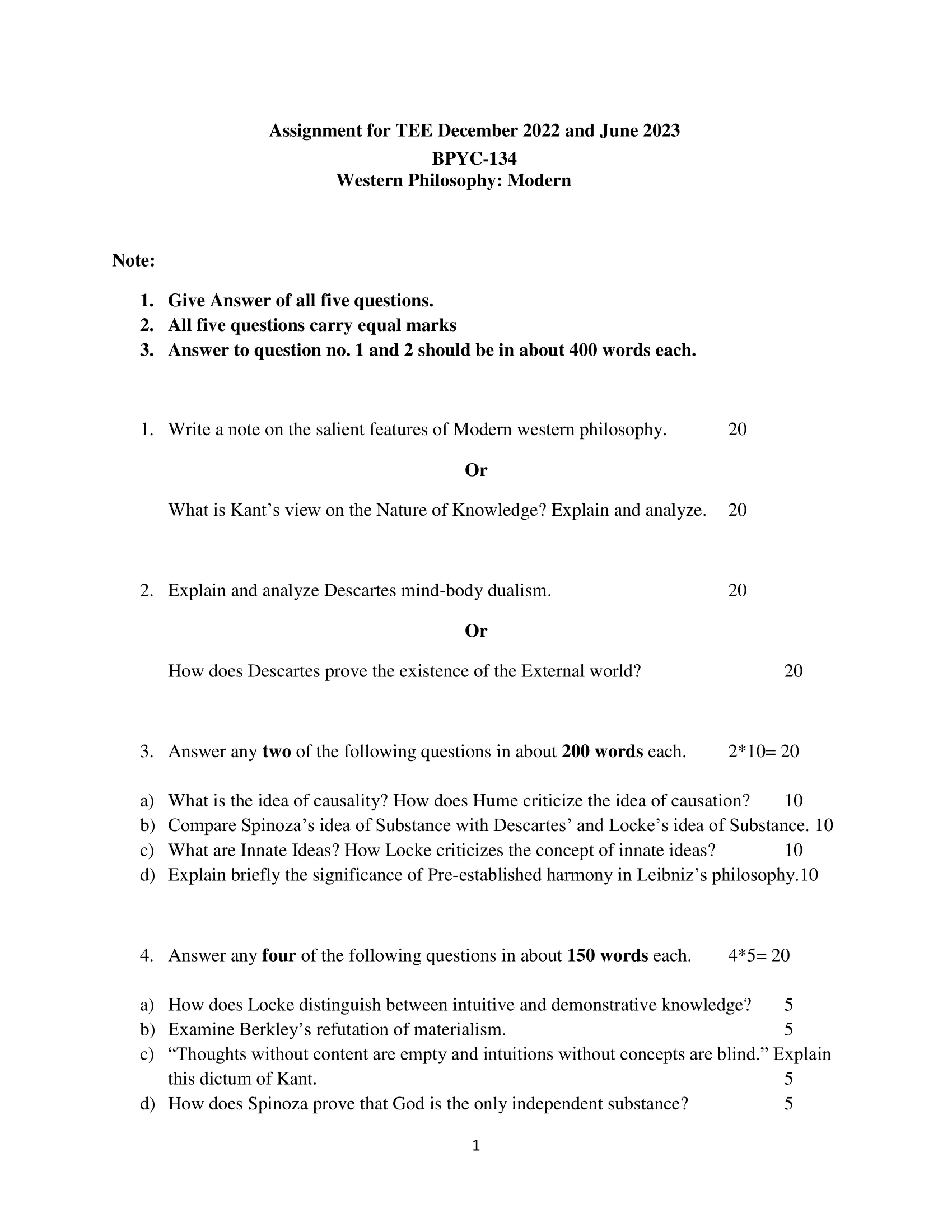 BPYC-134 IGNOU BAG Solved Assignment-Western Philosophy Modern