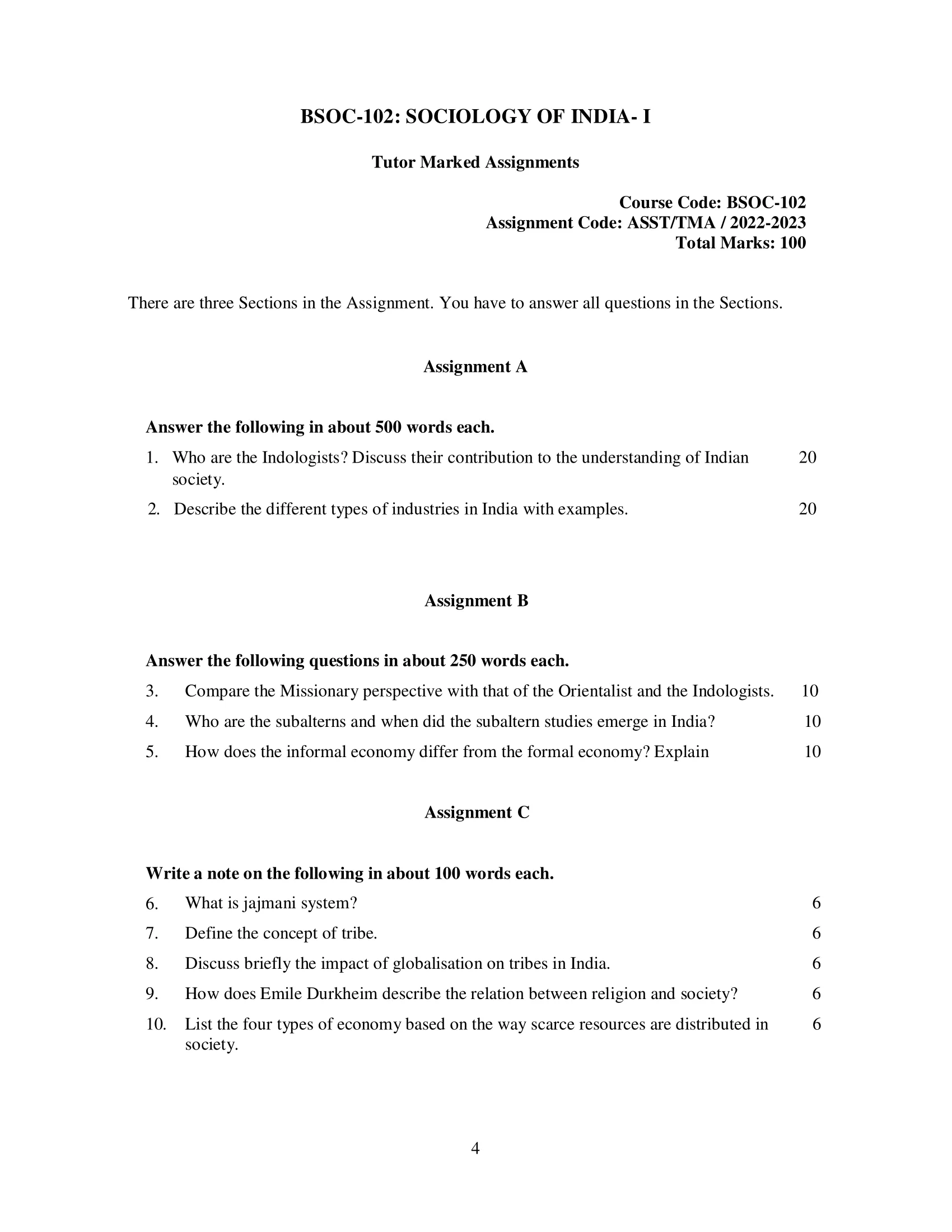 BSOC 102 IGNOU BAG Solved Assignment-SOCIOLOGY OF INDIA-I