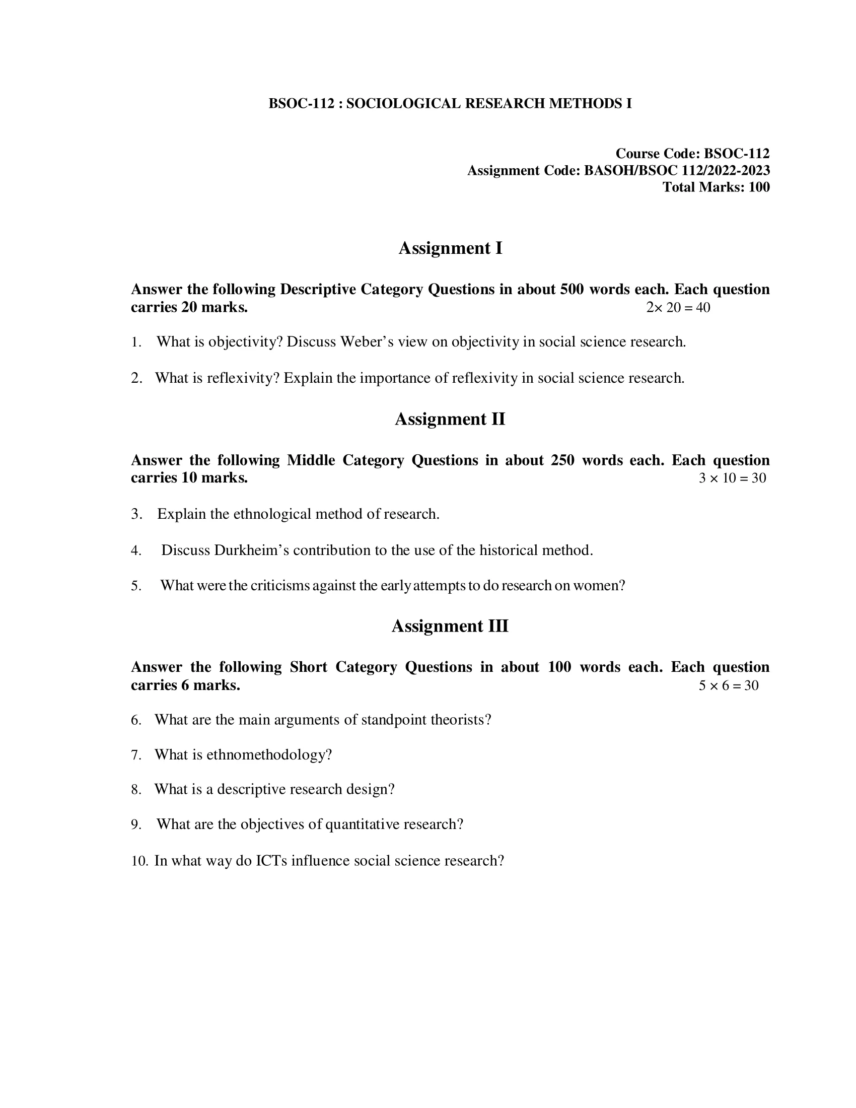 BSOC 112 IGNOU BAG Solved Assignment-SOCIOLOGICAL RESEARCH METHODS I