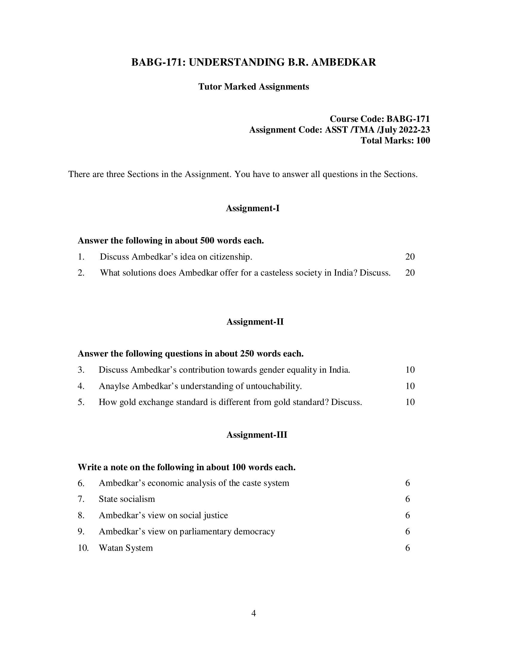 IGNOU BABG 171-Solved Assignment 2022-2023 UNDERSTANDING B.R. AMBEDKAR