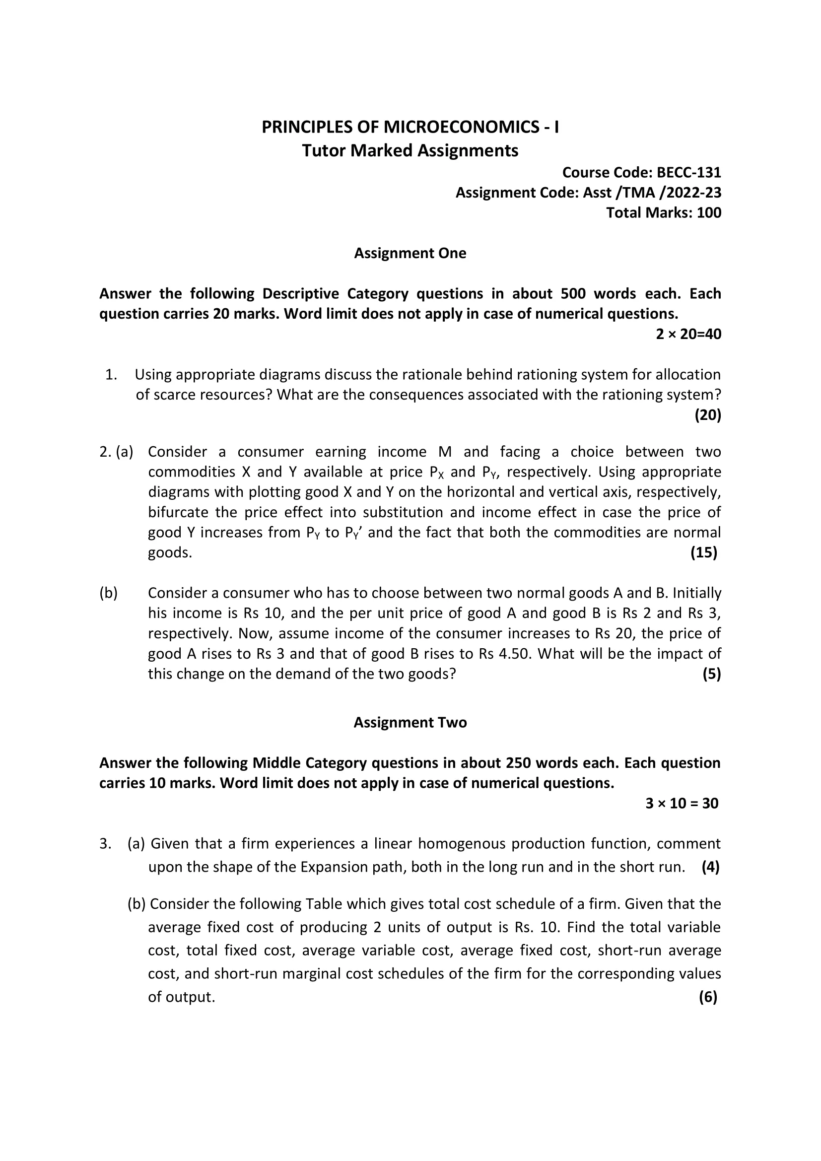 IGNOU BECC-131-Solved Assignment 2022-2023 PRINCIPLES OF  MICROECONOMICS - I