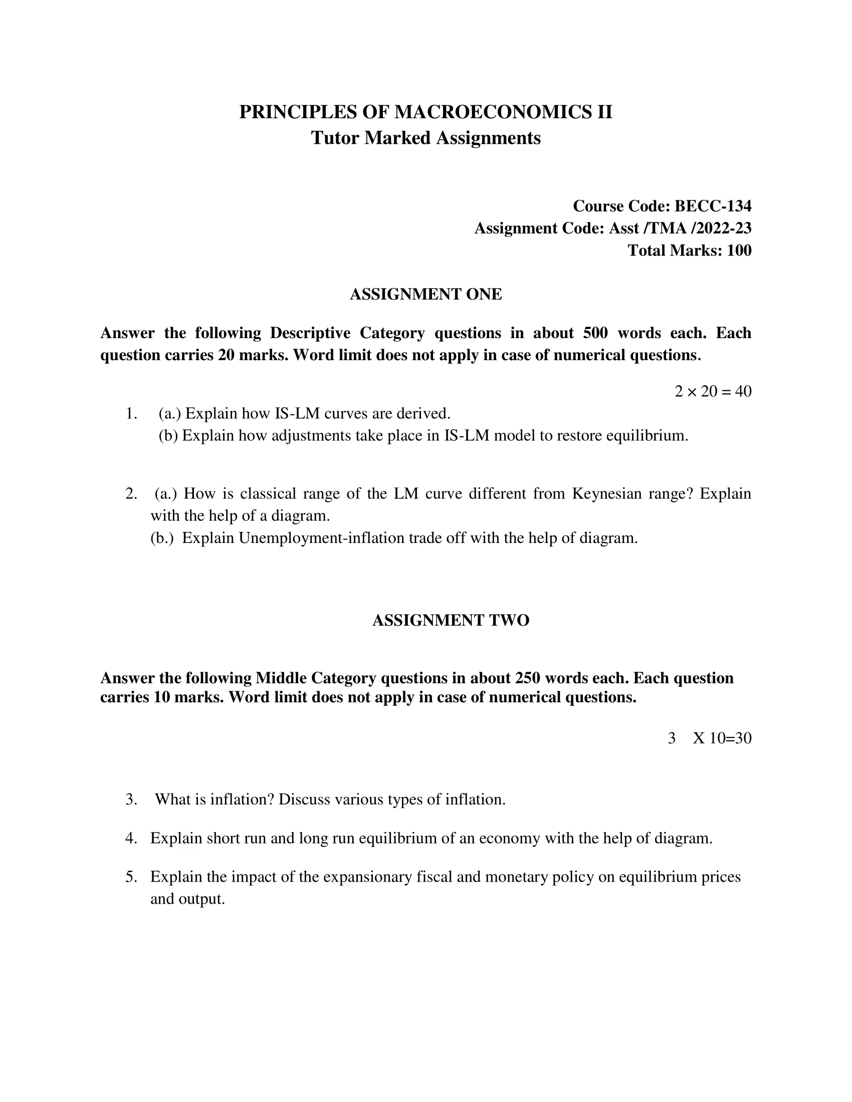 IGNOU BECC-134 Solved Assignment 2022-2023 PRINCIPLES OF  MACROECONOMICS II