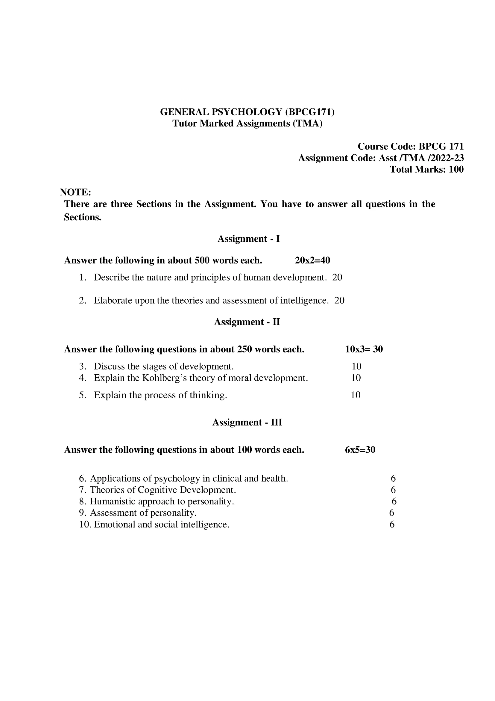 BPCG 171-Solved Assignment 2022-2023 GENERAL PSYCHOLOGY