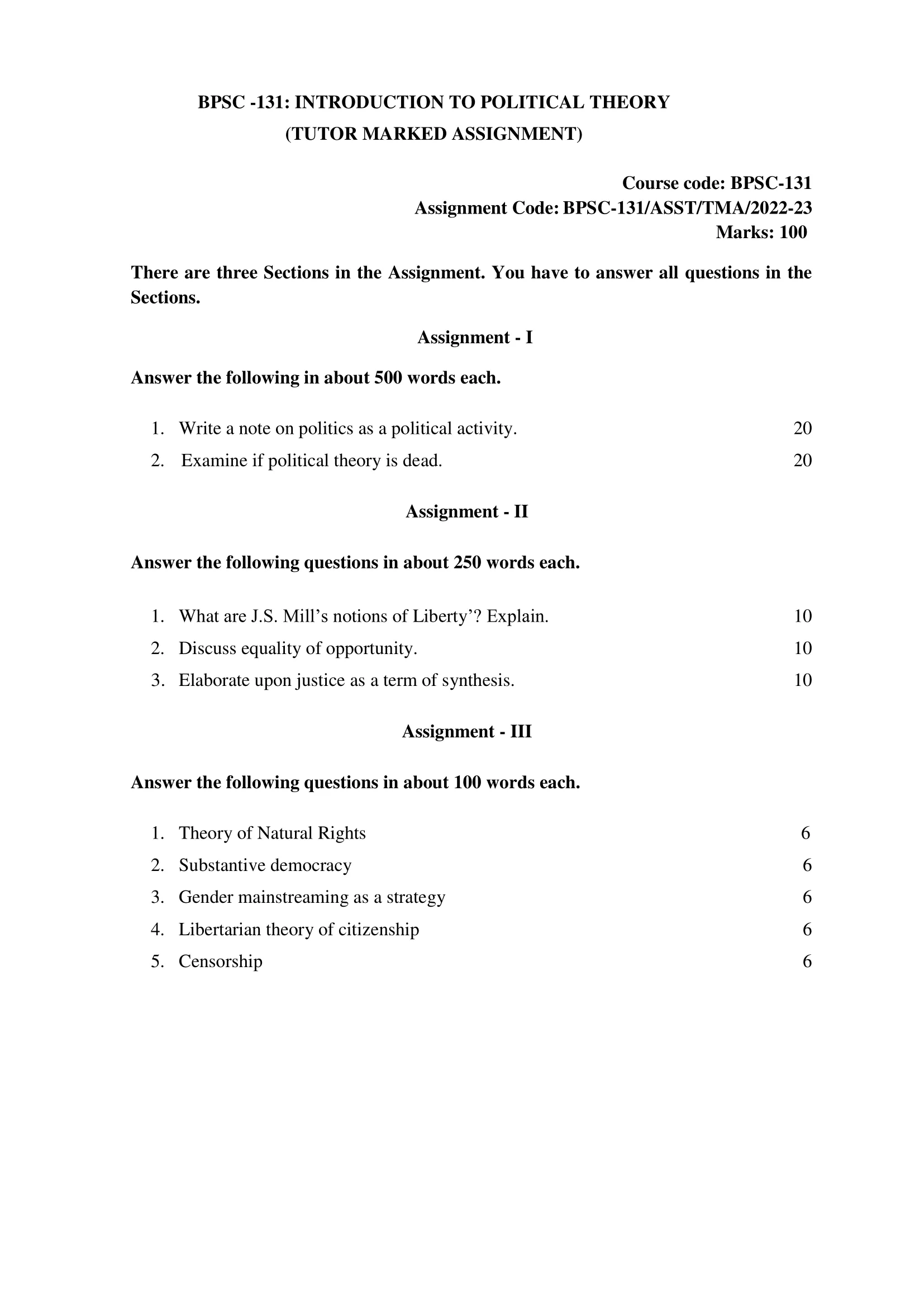 IGNOU BPSC -131 Solved Assignment 2022-2023 INTRODUCTION TO POLITICAL THEORY