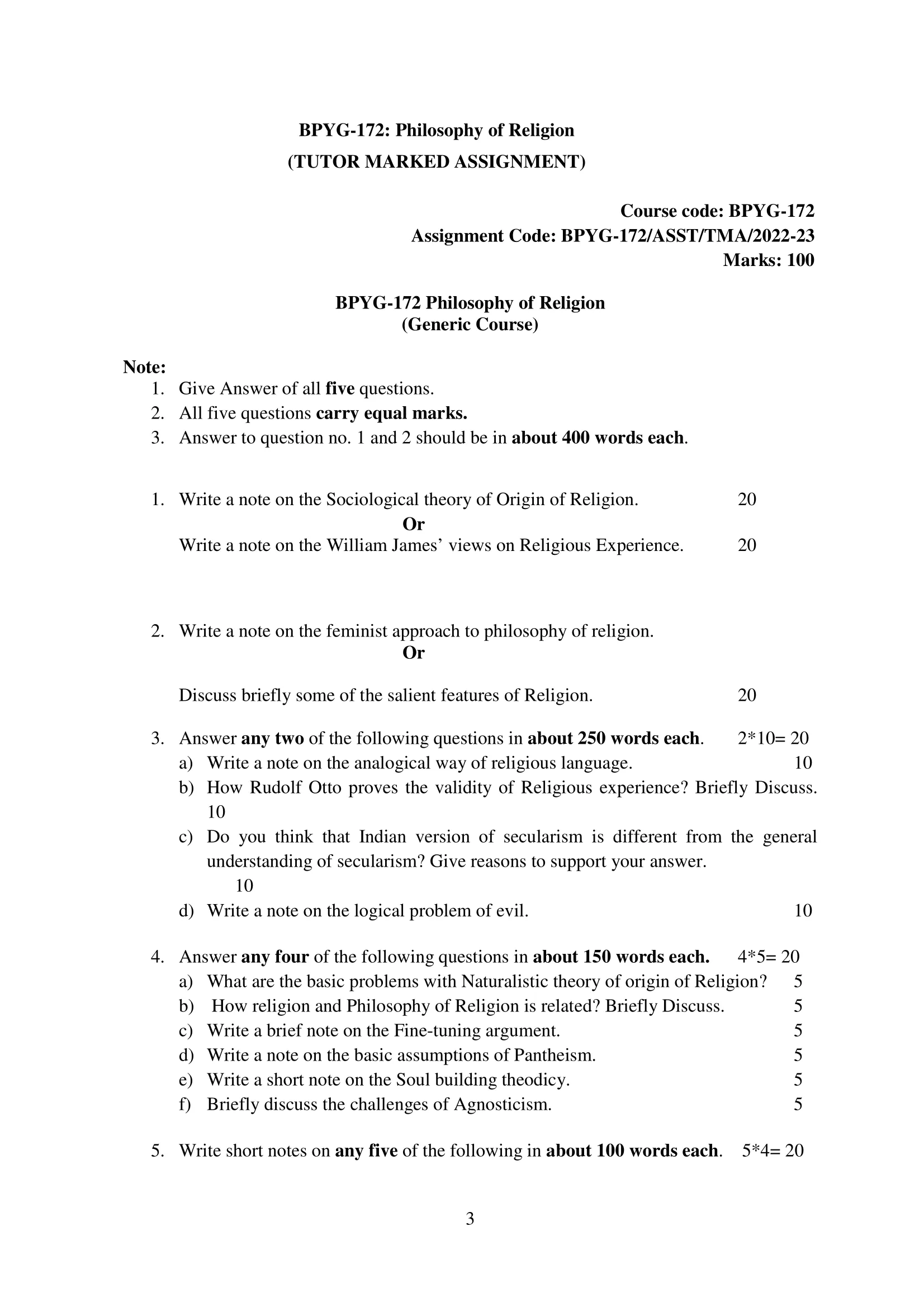 IGNOU BPYG-172-Solved Assignment 2022-2023 Philosophy of Religion