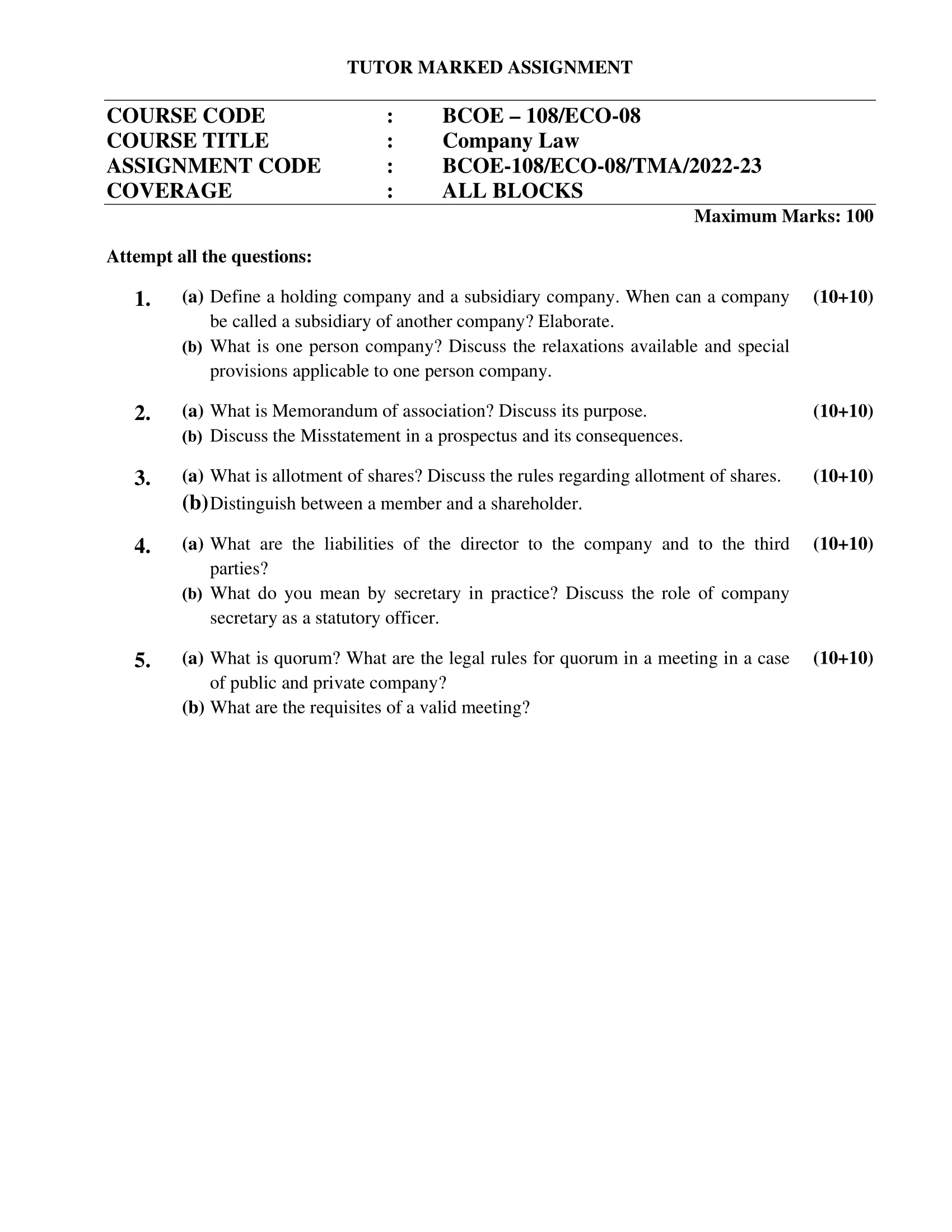 BCOE-108 / ECO-08 Company Law B Com Solved Assignment 2022-2023