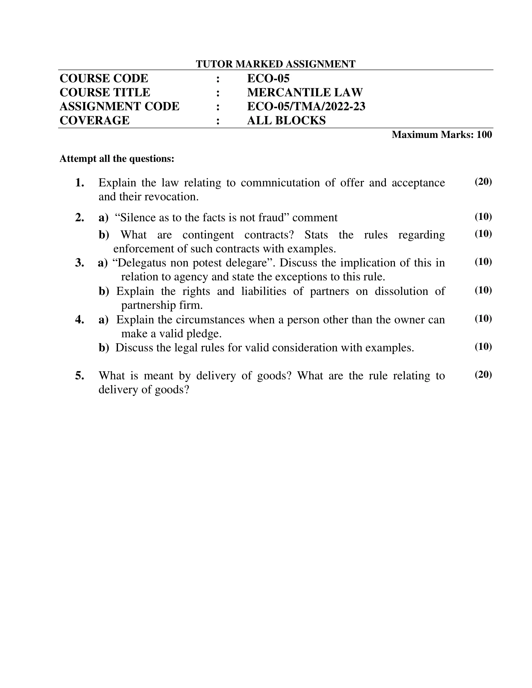 ECO-05 MERCANTILE LAW IGNOU B Com Solved Assignment 2022-2023