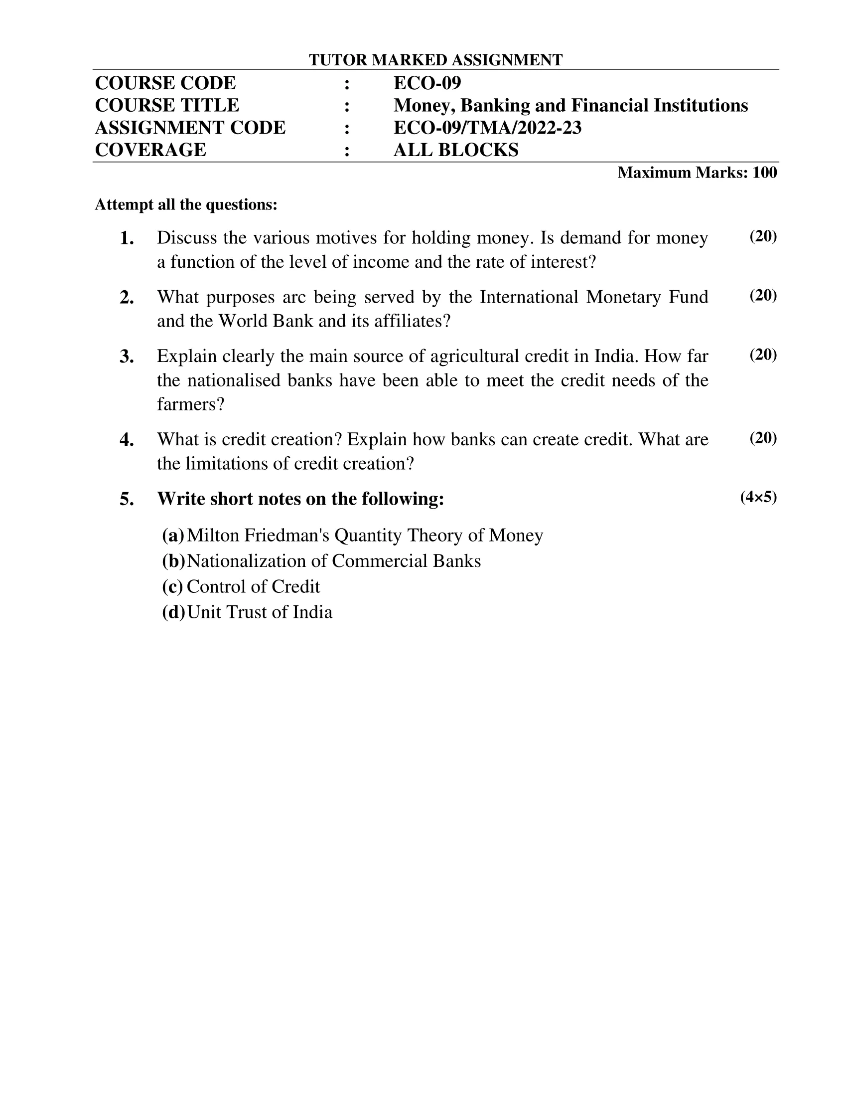 ECO-09 Money Banking and Financial Institutions B Com Solved Assignment 2022-2023