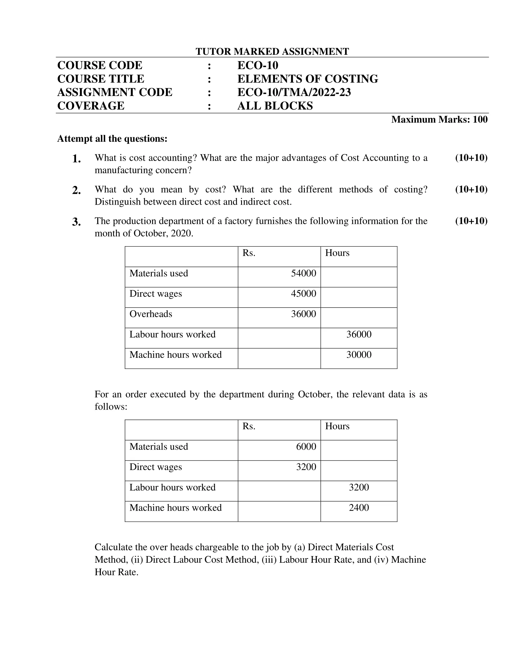 ECO-10 ELEMENTS OF COSTING B Com Solved Assignment 2022-2023