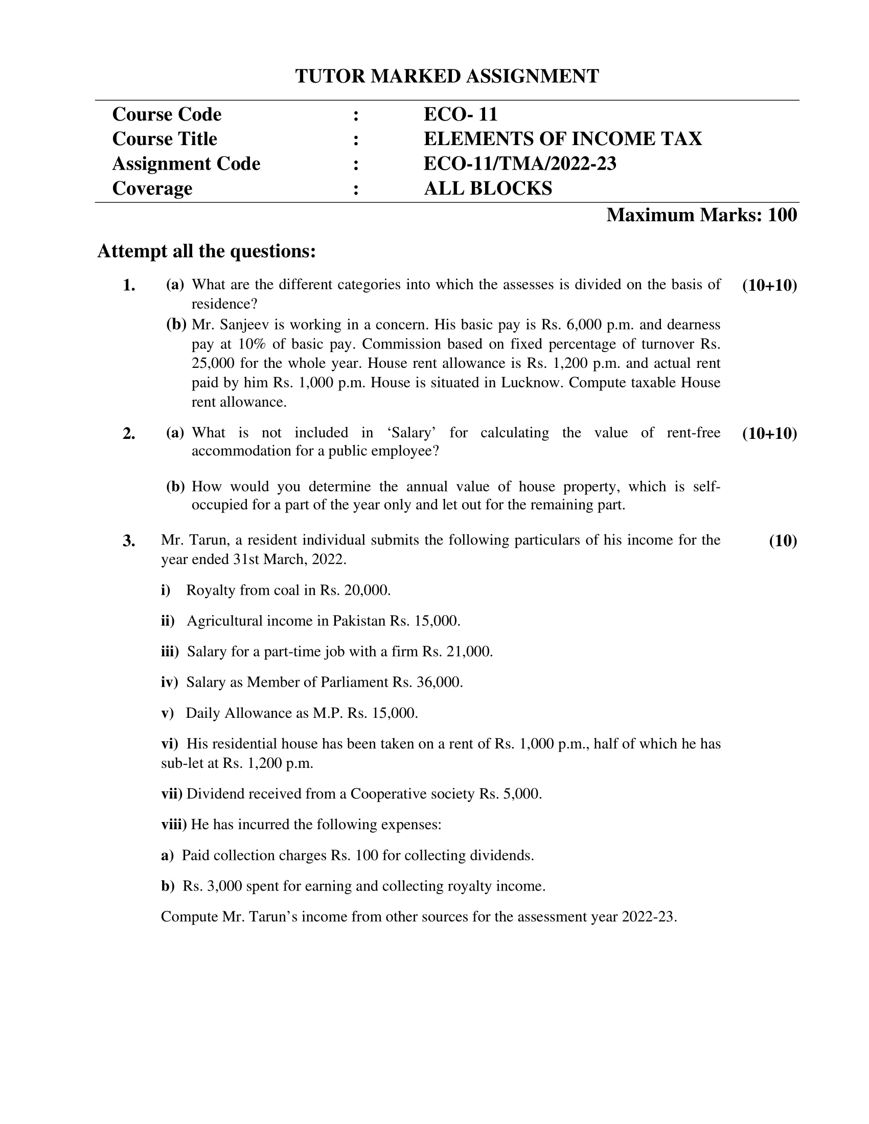 ECO-11 ELEMENTS OF INCOME TAX B Com Solved Assignment 2022-2023